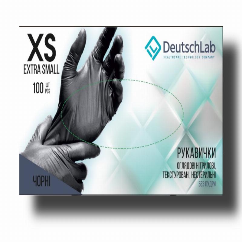 Рукавички нітрилові нестерильні, без пудри, розмір ХS, чорні, "DeutschLab"